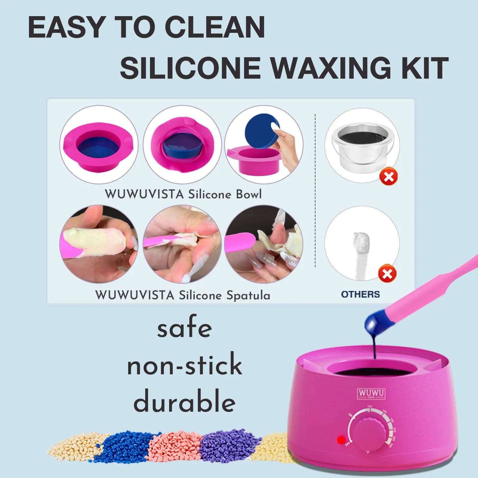 WUWUVISTA 63-piece hard waxing kit with black or pink warmer, wax beans, lotion, and applicator sticks