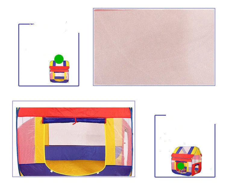 Large blue children's outdoor play tent with roll-up mosquito net curtains in garden setting
