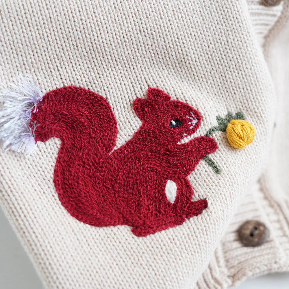 Kids cotton knit sweater with squirrel embroidery in beige colour on white background