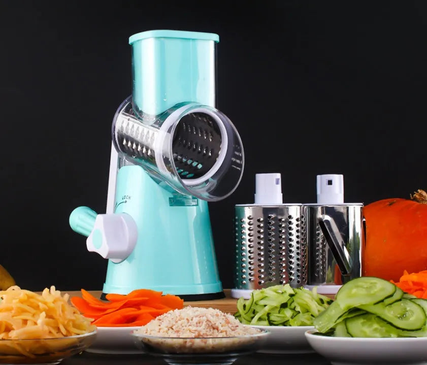 Manual round kitchen mandoline slicer with stainless steel blades in blue colour