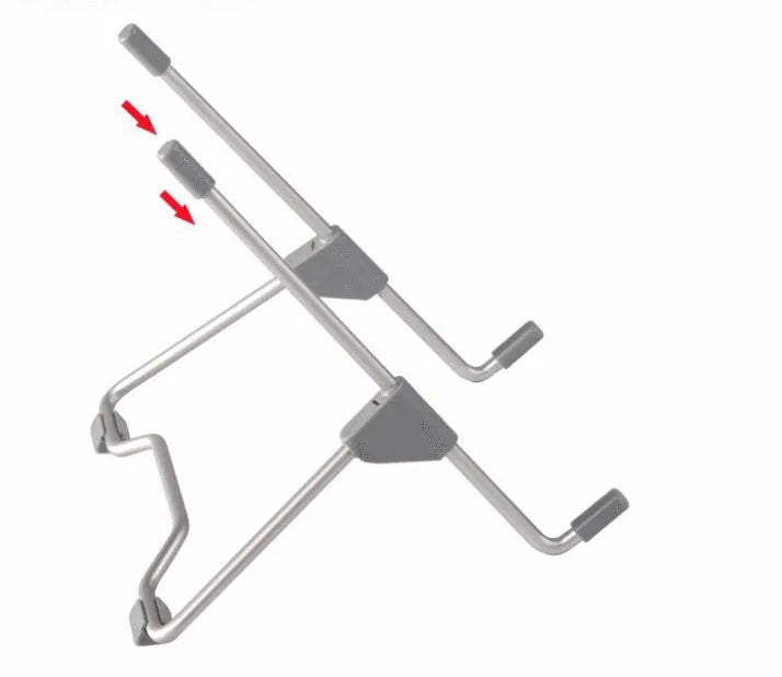 Grey adjustable aluminium alloy stand holding a mobile phone on a desk.