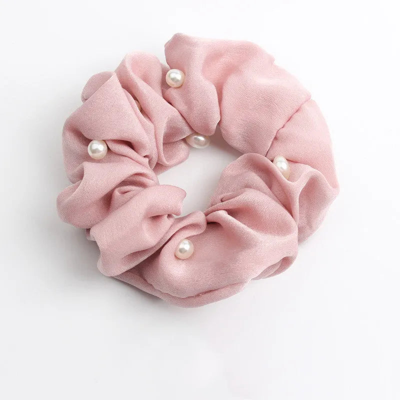 Set of 6 cloth-covered rubber hair rings in black, dark blue, grey, light blue, pink, and red