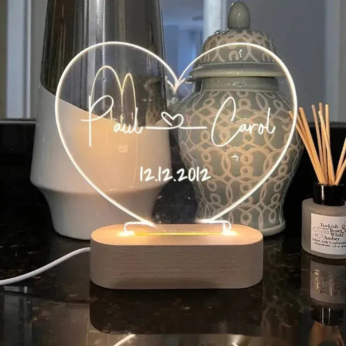 Personalised acrylic night light displaying custom text with USB cable, dimensions 20cm by 11.5cm