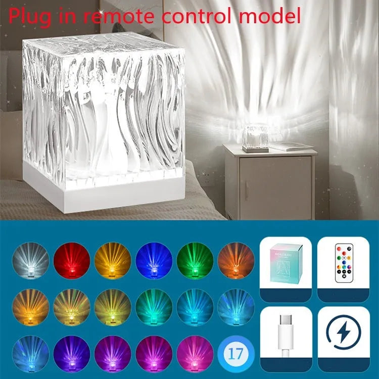 LED water ripple night light with crystal lamp and remote control projecting colourful patterns