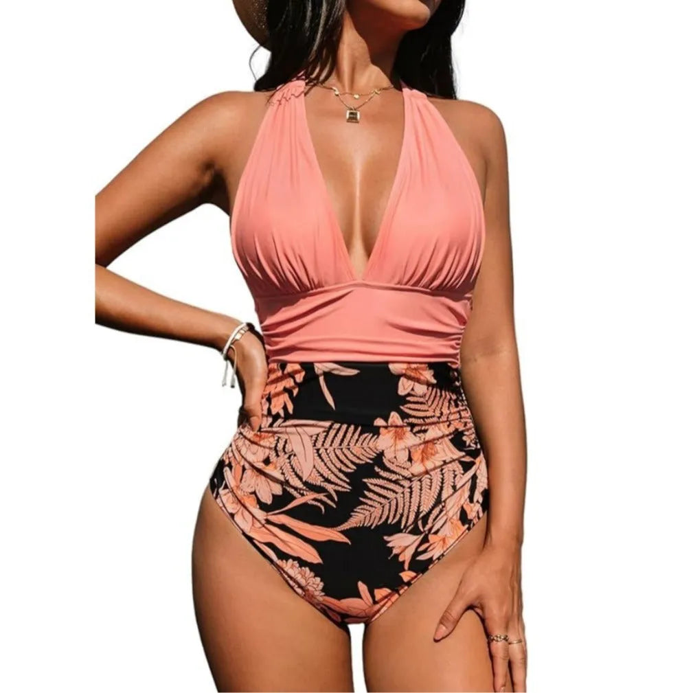 Women's halter neck one-piece swimsuit in floral pattern