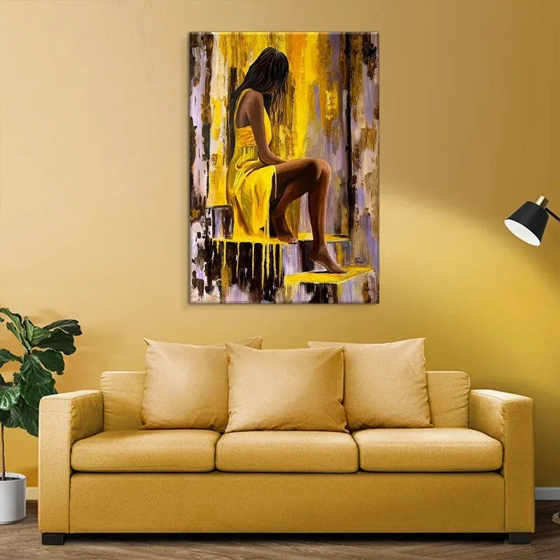 Hand-painted oil painting of a girl in a yellow dress on vertical canvas for living room wall decor
