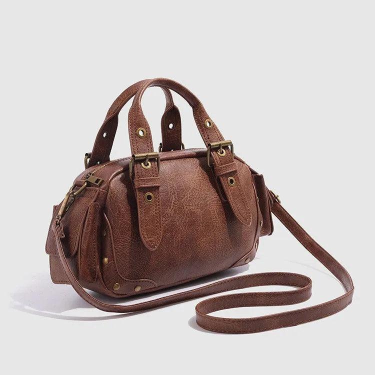 Brown artificial leather horizontal square crossbody motorcycle bag with retro styling