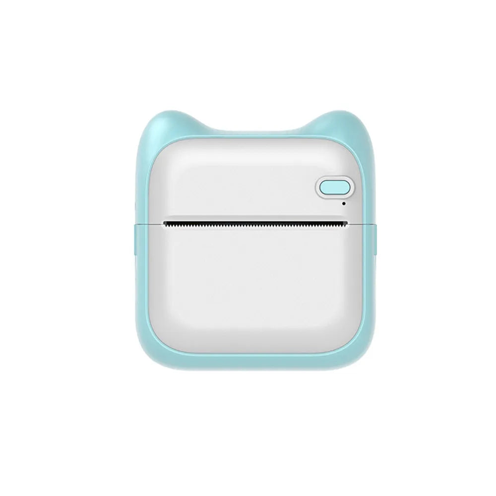 Pink mini pocket Bluetooth thermal printer measuring 90x45x82mm with USB charging cable