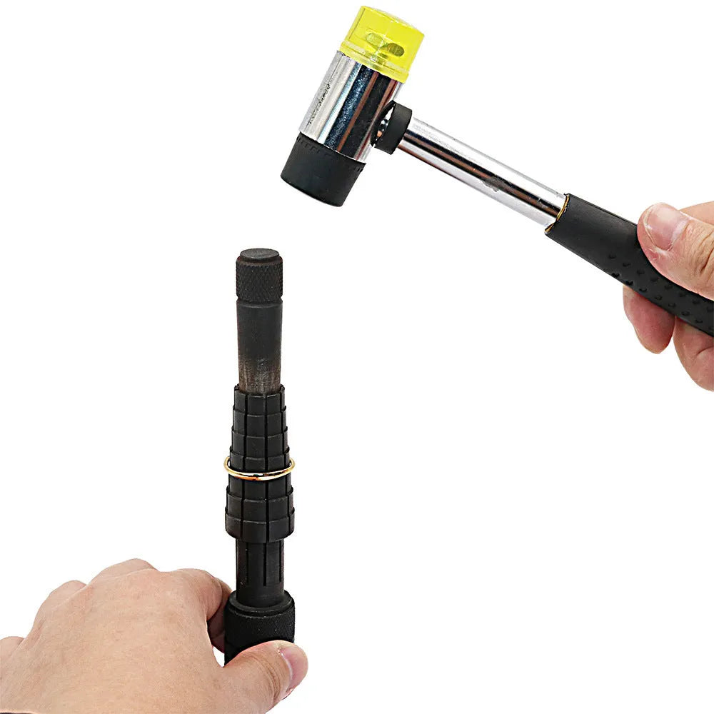 Black ring expansion tool set with base expander and rubber hammer for jewellery resizing