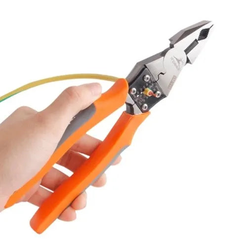 Orange multi-function wire cutter pliers with chrome steel jaws and plastic handles.