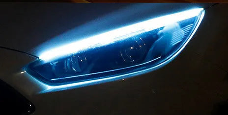 Flexible silicone car LED strip for daytime running lights and animated turn signals on a vehicle headlight.