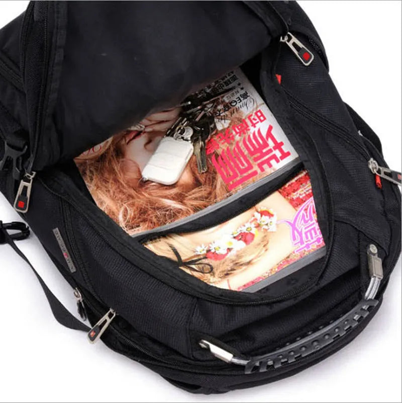 Black business backpack with multiple compartments open, showing padded laptop sleeve and organiser pockets.