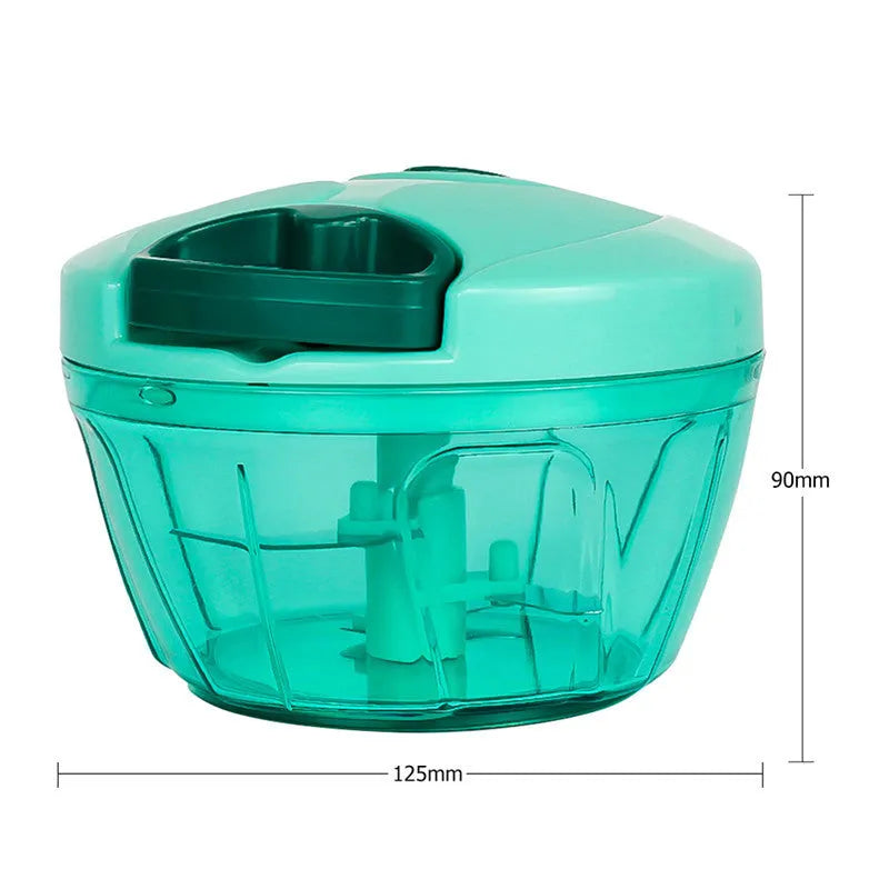 Manual kitchen chopper shredder with three stainless steel blades in green, red or white colours