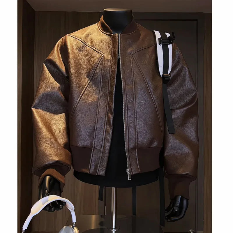 Men's black fitted PU leather jacket with litchi grain texture and 100cm extended length.