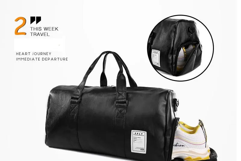Black waterproof sports fitness bag with separate shoe compartments and diagonal carrying straps