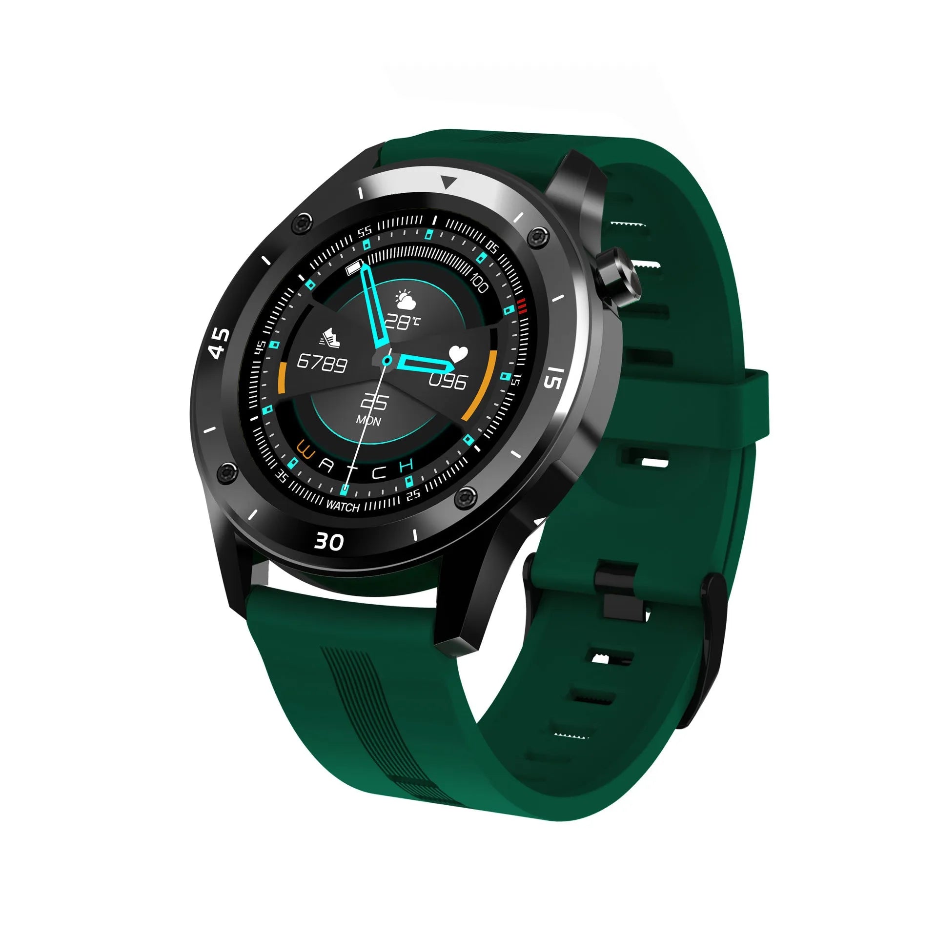 Black smartwatch with fitness tracking on a wrist, showing a 1.54-inch screen displaying heart rate and steps.