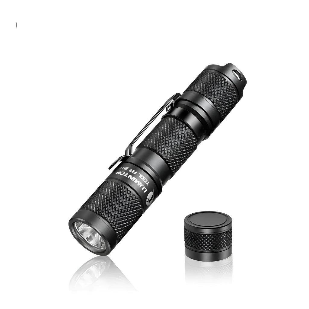 Black Lumintop Tool AA 2.0 keychain flashlight with magnetic tail cap and diffuser accessory
