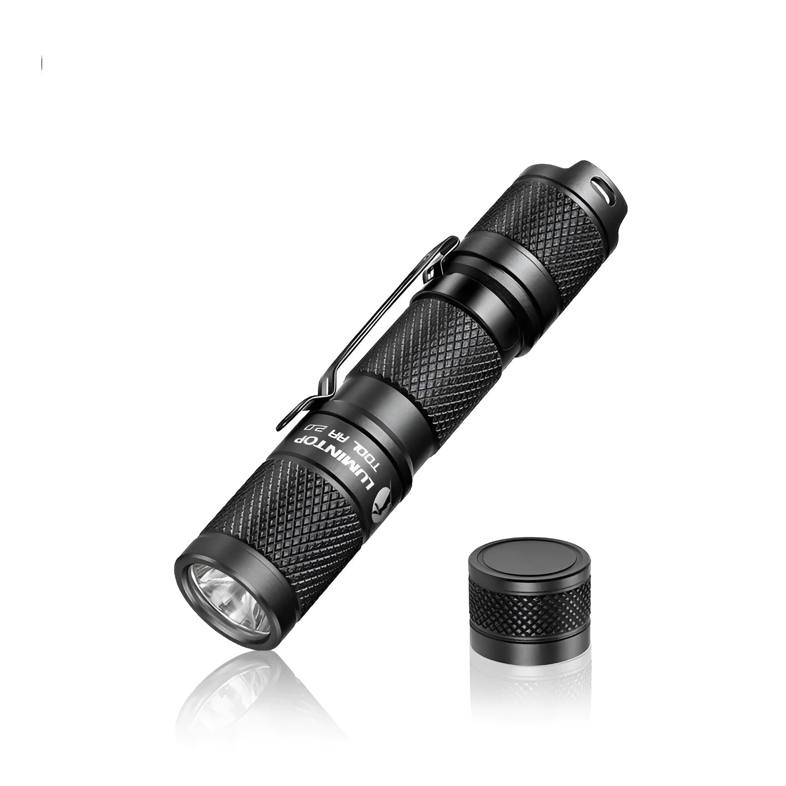 Black Lumintop Tool AA 2.0 keychain flashlight with magnetic tail cap and diffuser accessory