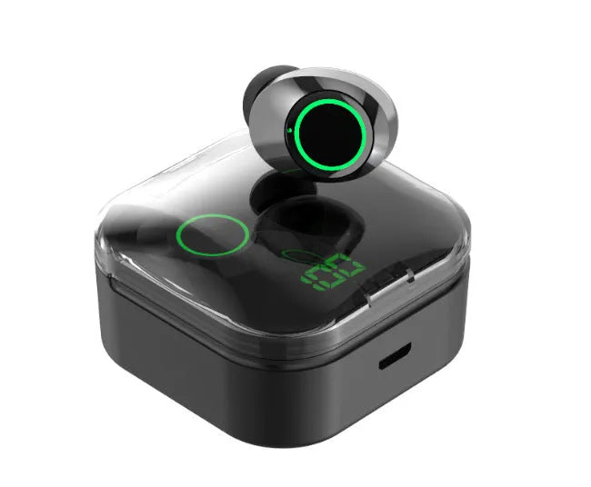 Black sports TWS Bluetooth earbuds with touch controls, shown in a charging case.