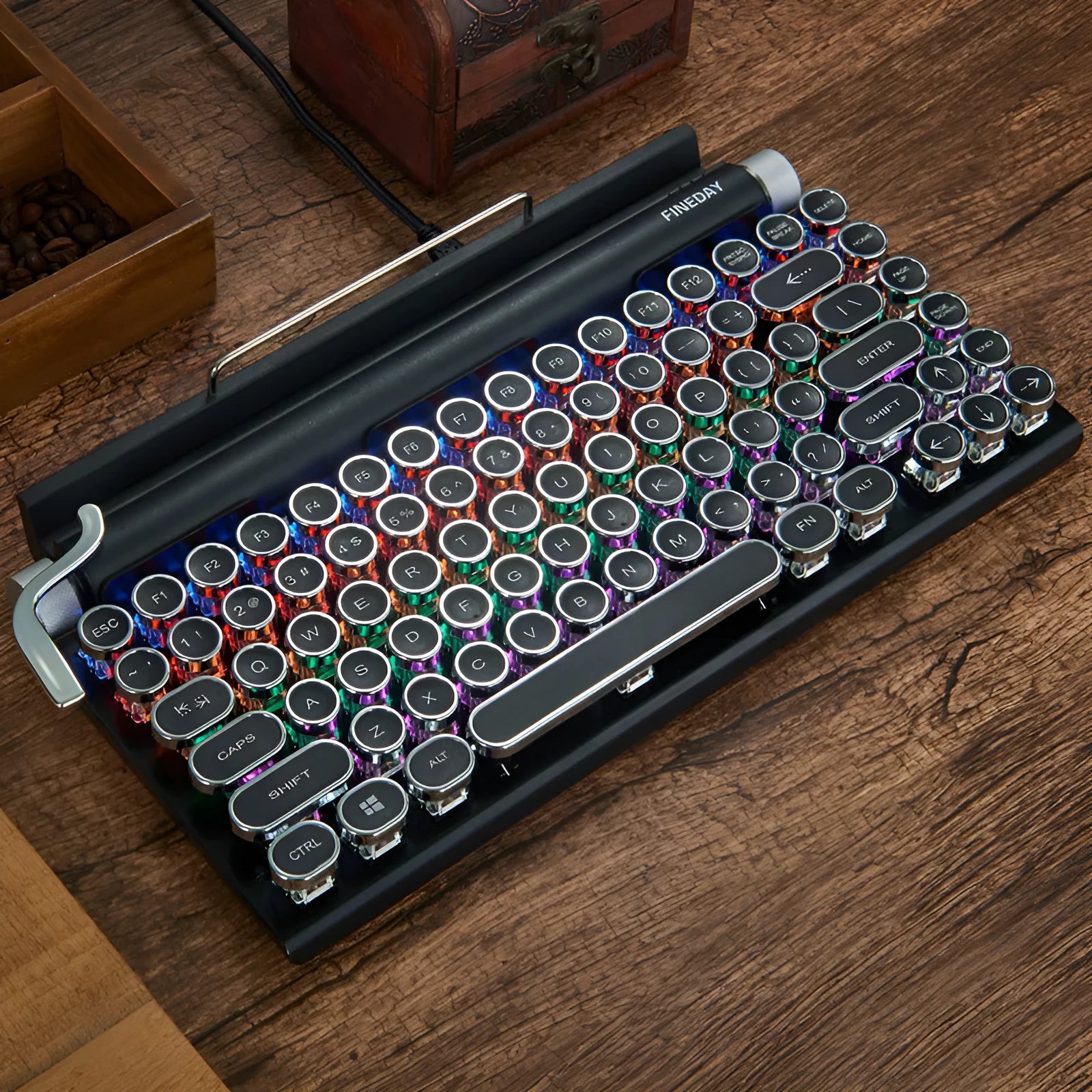 Black retro typewriter style mechanical keyboard with Bluetooth connectivity and seven-colour backlight