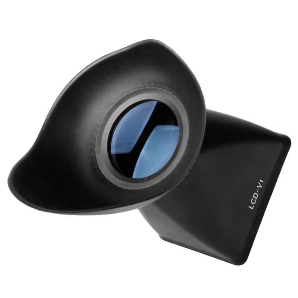 Black camera LCD viewfinder with 2.8x magnification and magnetic mount shown on a DSLR.