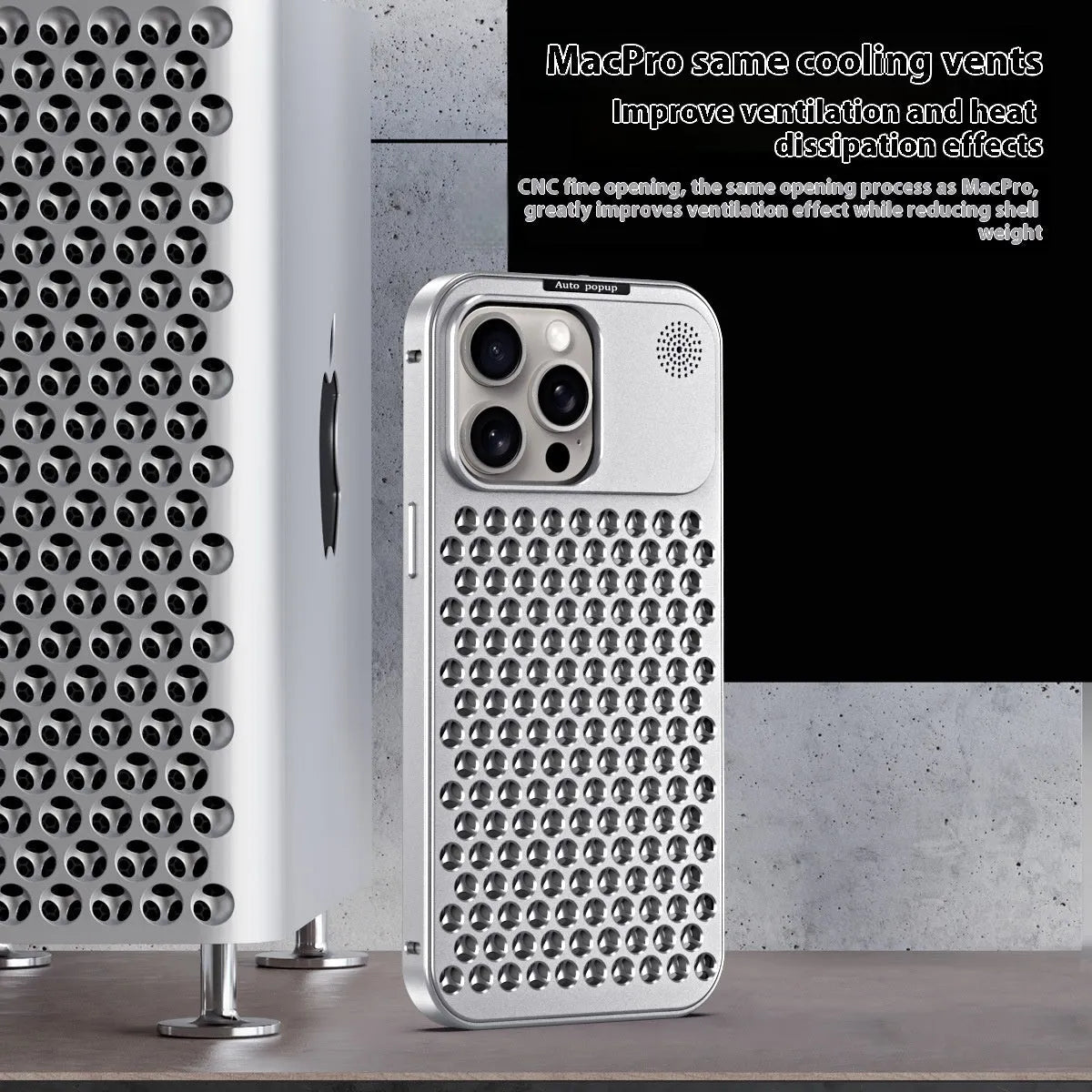 Aluminium alloy heat dissipation phone case for Apple iPhone in titanium black carved finish
