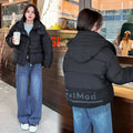 Beige loose cotton-padded coat with letter printing and front pockets, regular sleeves, polyester fabric
