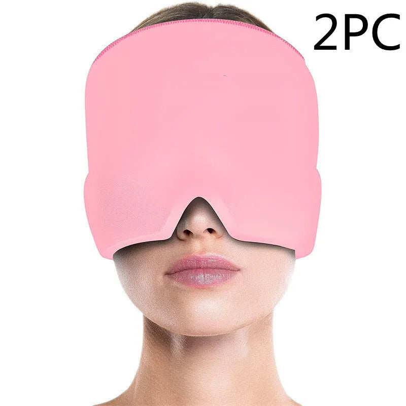 Black reusable ice gel headache relief eye mask on a white background.