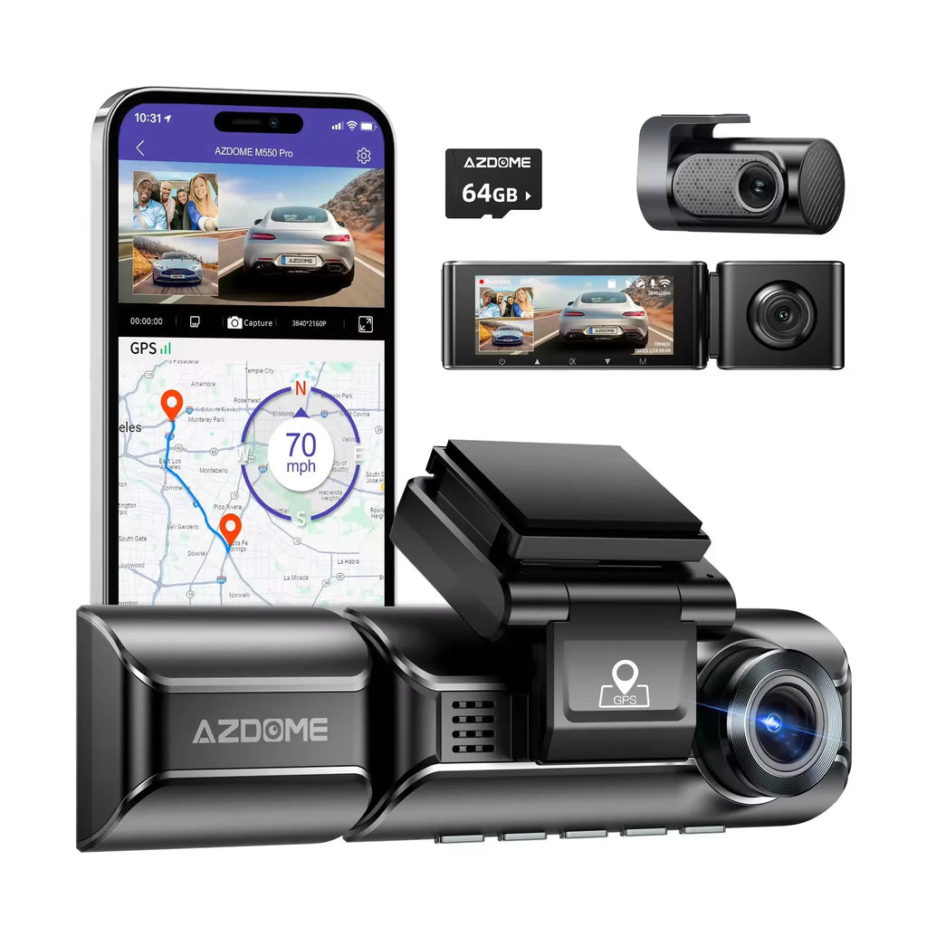 2K driving recorder dash cam with front and rear lenses, 3-inch screen, and car mounting bracket