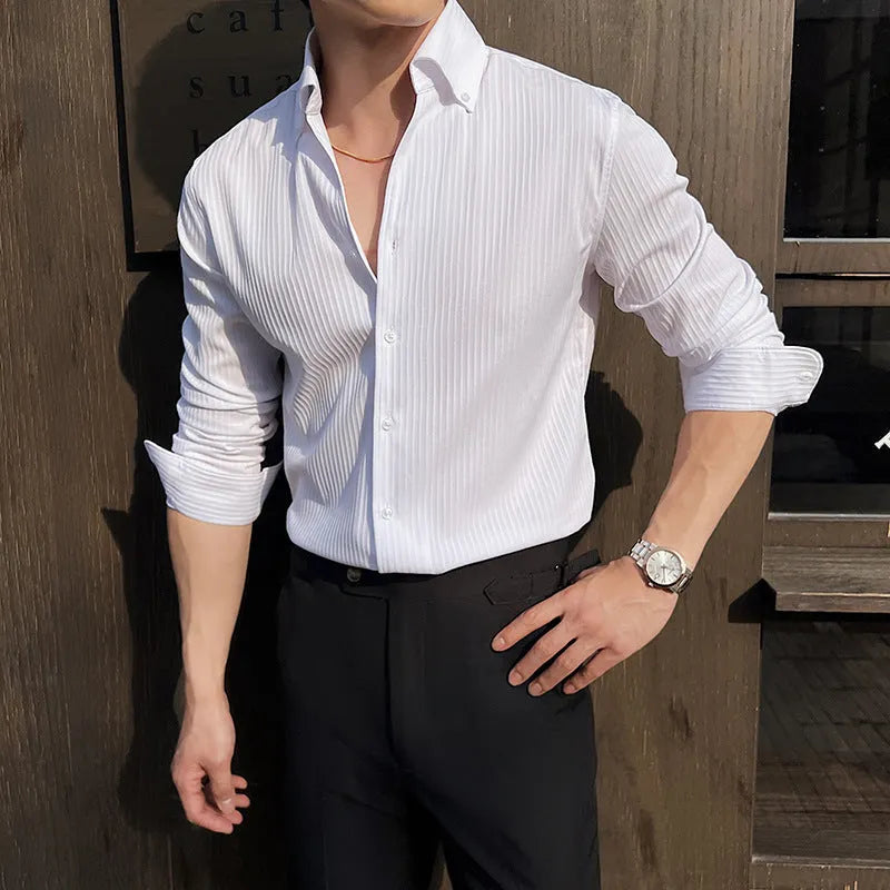 Men's dark stripes V-neck long sleeve cardigan shirt in chemical fibre blend fabric
