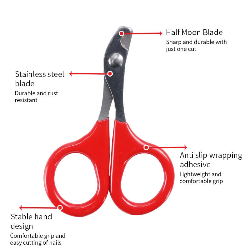 Pet nail clippers with stainless steel blades and coloured plastic and rubber handle