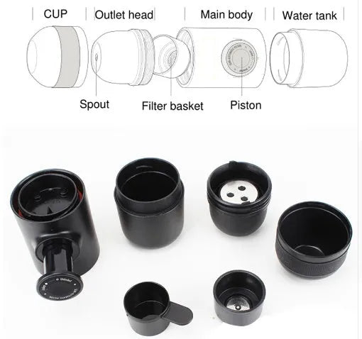 Black portable manual coffee machine measuring 6×17.5cm with stainless steel components