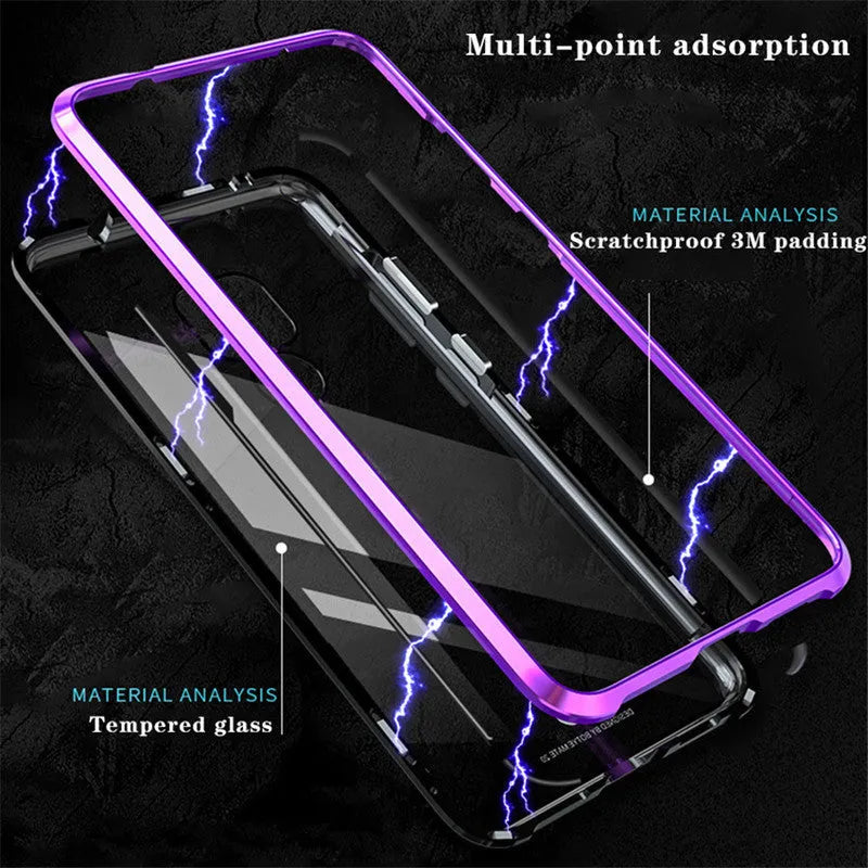 Magnetic phone case with metal frame and 9H tempered glass back in Black