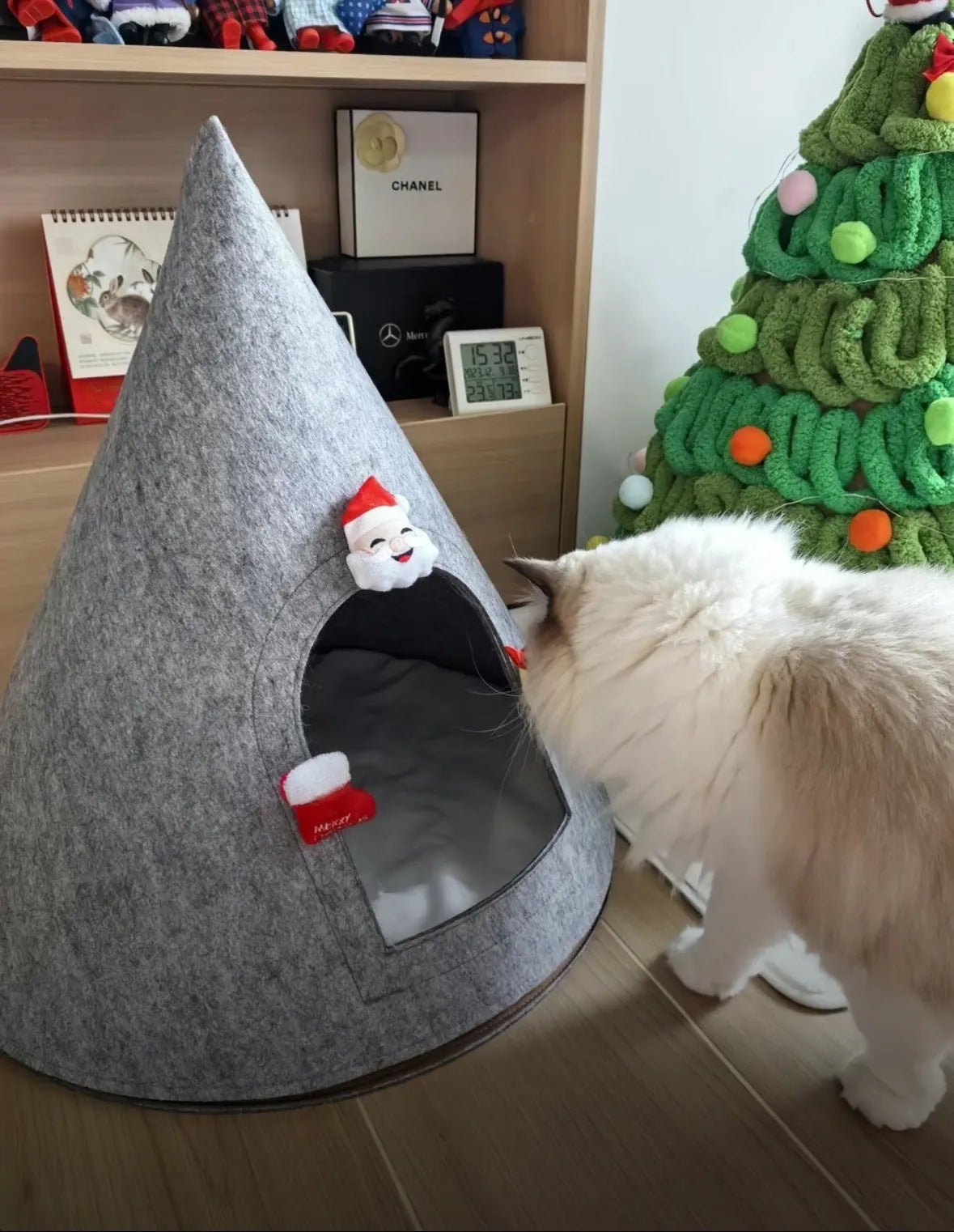 Grey handmade felt cone cat house with 50cm diameter base
