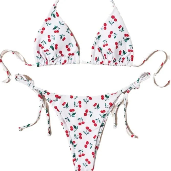 Split halter bikini swimsuit with backless design and adjustable halter neck in solid colour
