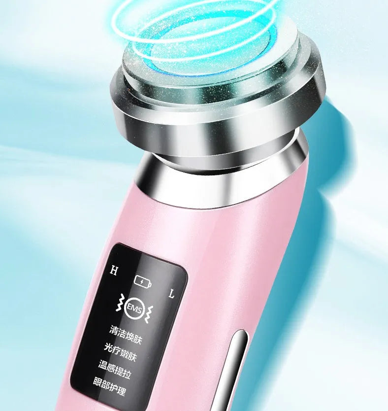 Pink cleansing and rejuvenating beauty instrument showing 185mm length