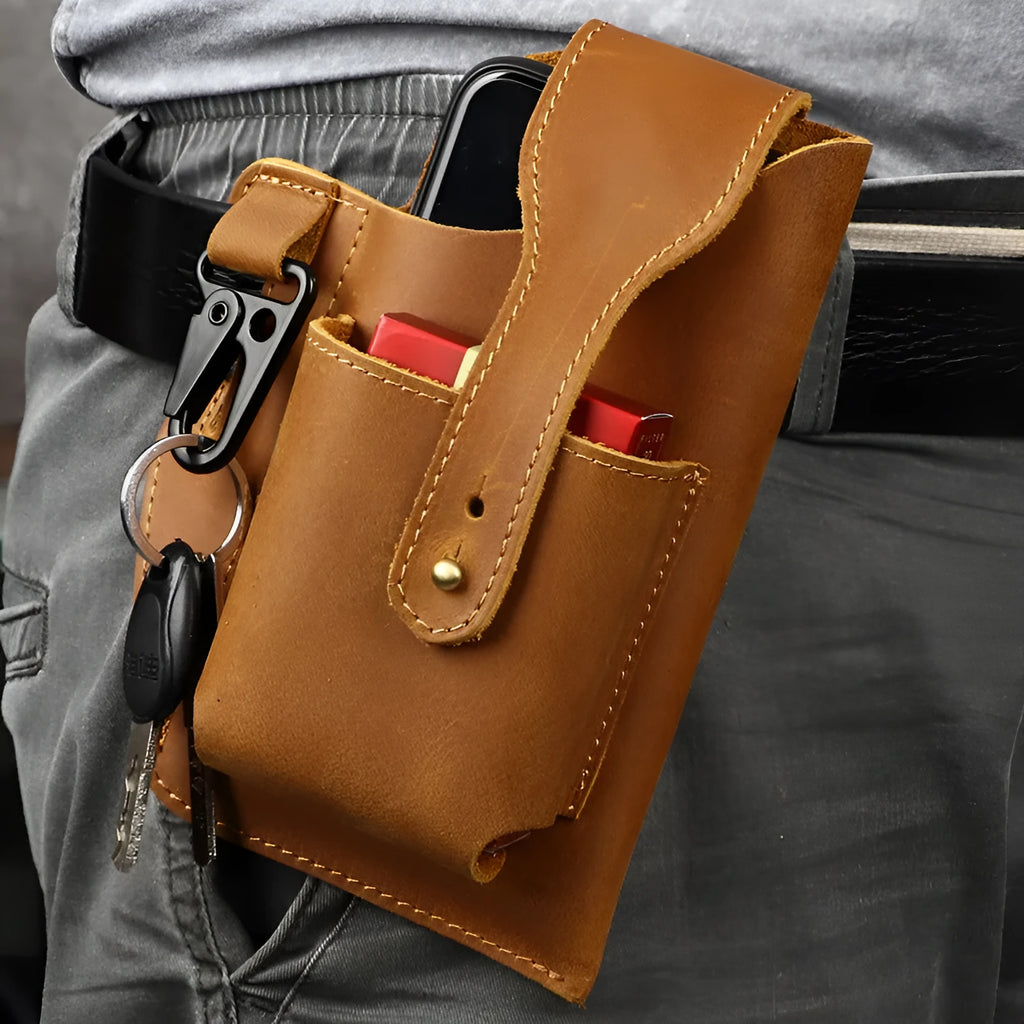 Men's retro leather hanging belt bag in cowhide with car suture detailing and cover opening for mobile phone storage