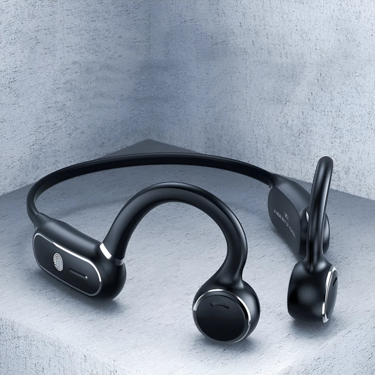 Air conduction wireless earphone in black, with ergonomic ear-hook and touch control overlay