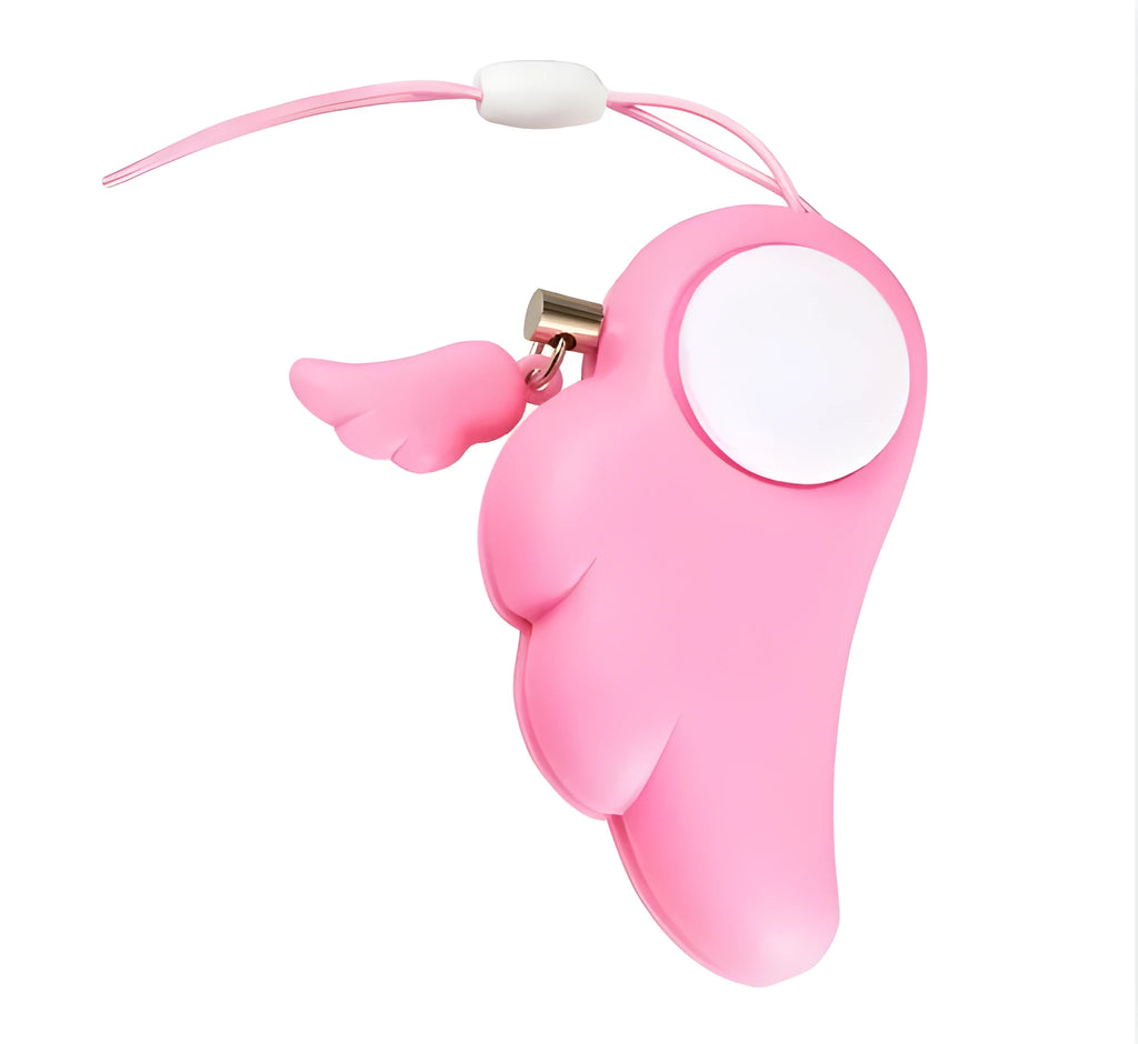 Blue compact personal security alarm clipped to a handbag, 6cm x 3cm, 90dB siren
