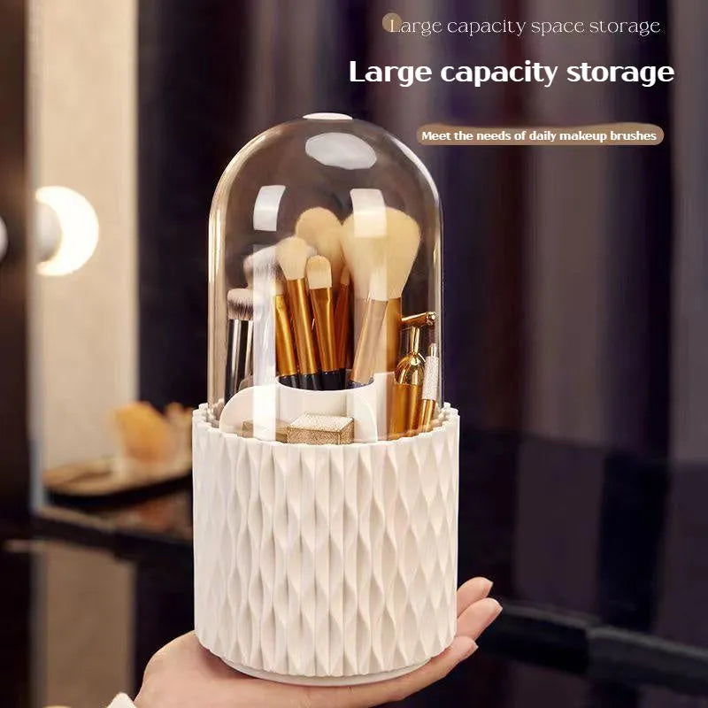 White acrylic makeup brush holder with transparent cover and rotating base for desktop storage