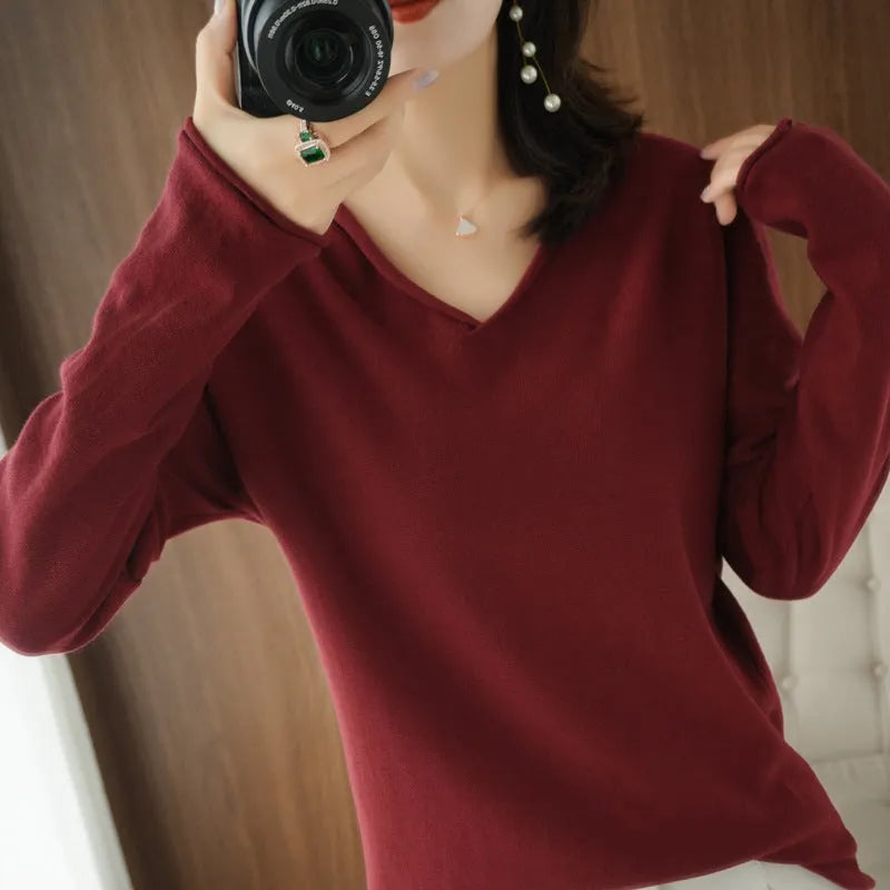 Women's V-neck long sleeve knitwear top in non-iron macaron colours for commute styling