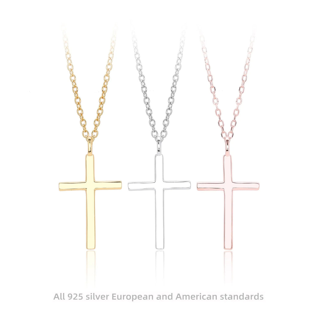 S925 sterling silver necklace with glossy cross pendant on O-shaped chain