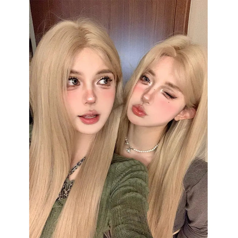 Full hair type women's long straight Milk Tea Gold wig on mannequin head with matching hair net