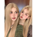 Full hair type women's long straight Milk Tea Gold wig on mannequin head with matching hair net