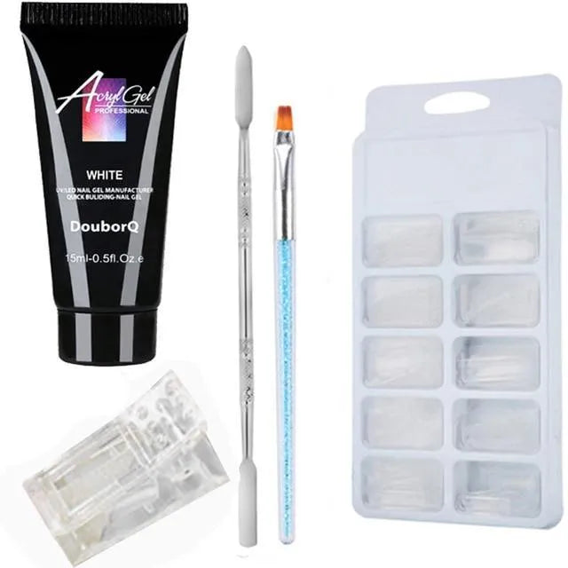 DIY resin gel nail art kit with sponge applicator, brushes, and decorative stickers in clear, white, and pink shades