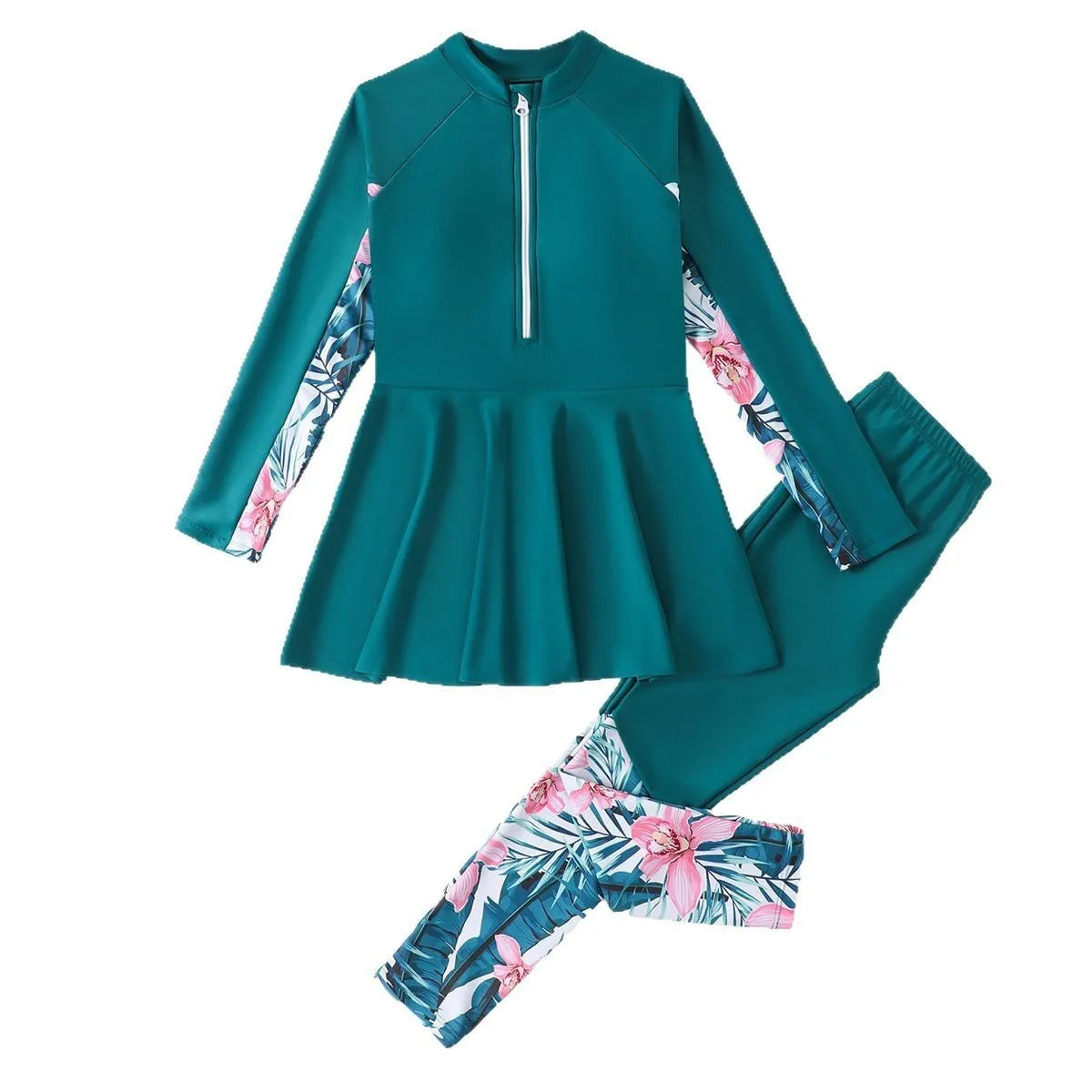 Girls two-piece swimsuit set with long sleeves and trousers in green, nylon and polyester fabric, sizes 120-160