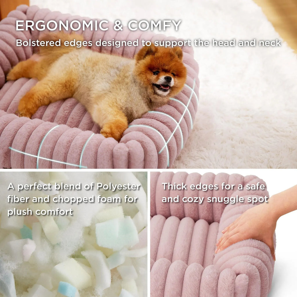Rectangular orthopaedic dog bed with raised edges in beige colour showing high-density foam filling