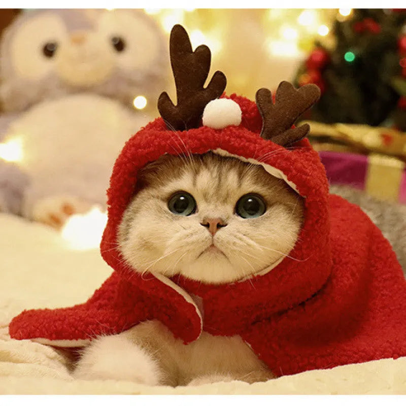 Polar fleece pet cloak with antlers hat design in red, white, or Christmas tree patterns