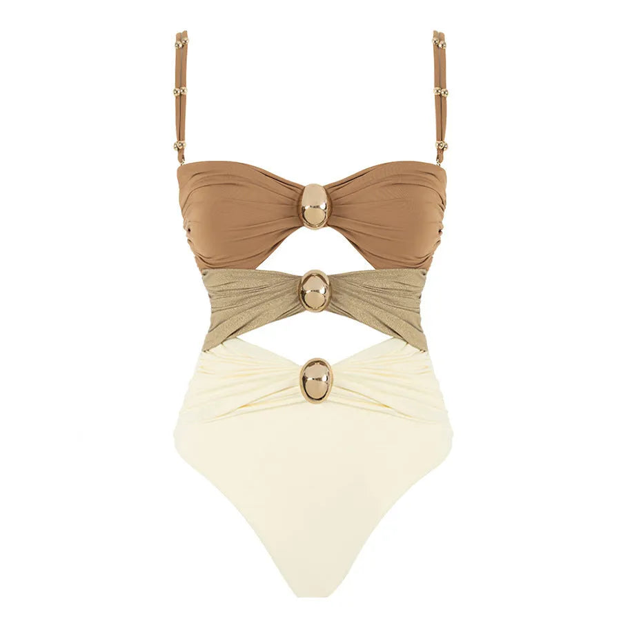 Women's one-piece swimsuit with round buckle decorations and hollow out stitching