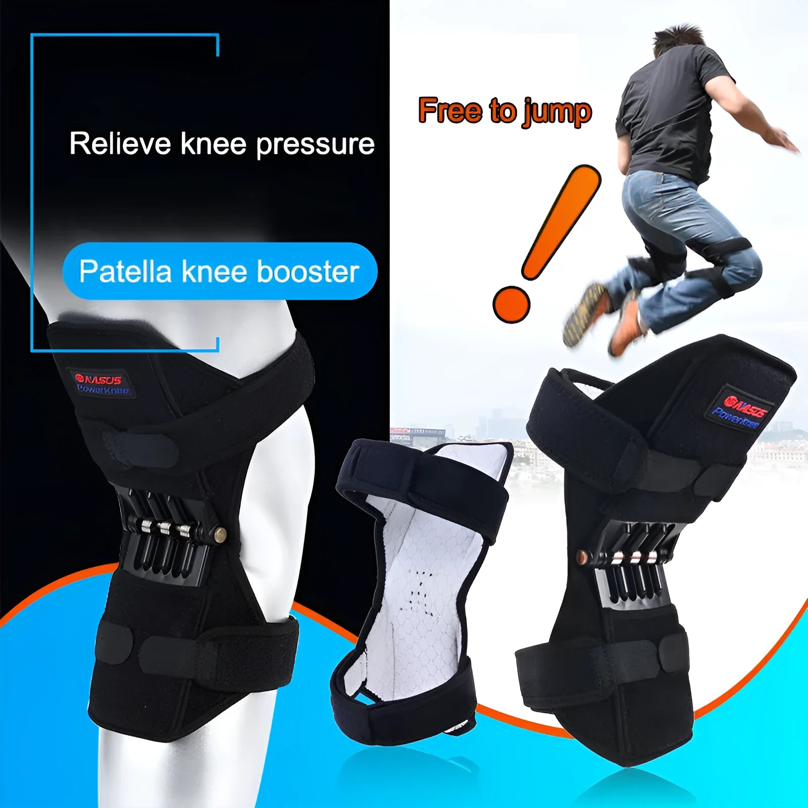 Adjustable knee brace patella support booster with spring mechanism and breathable fabric